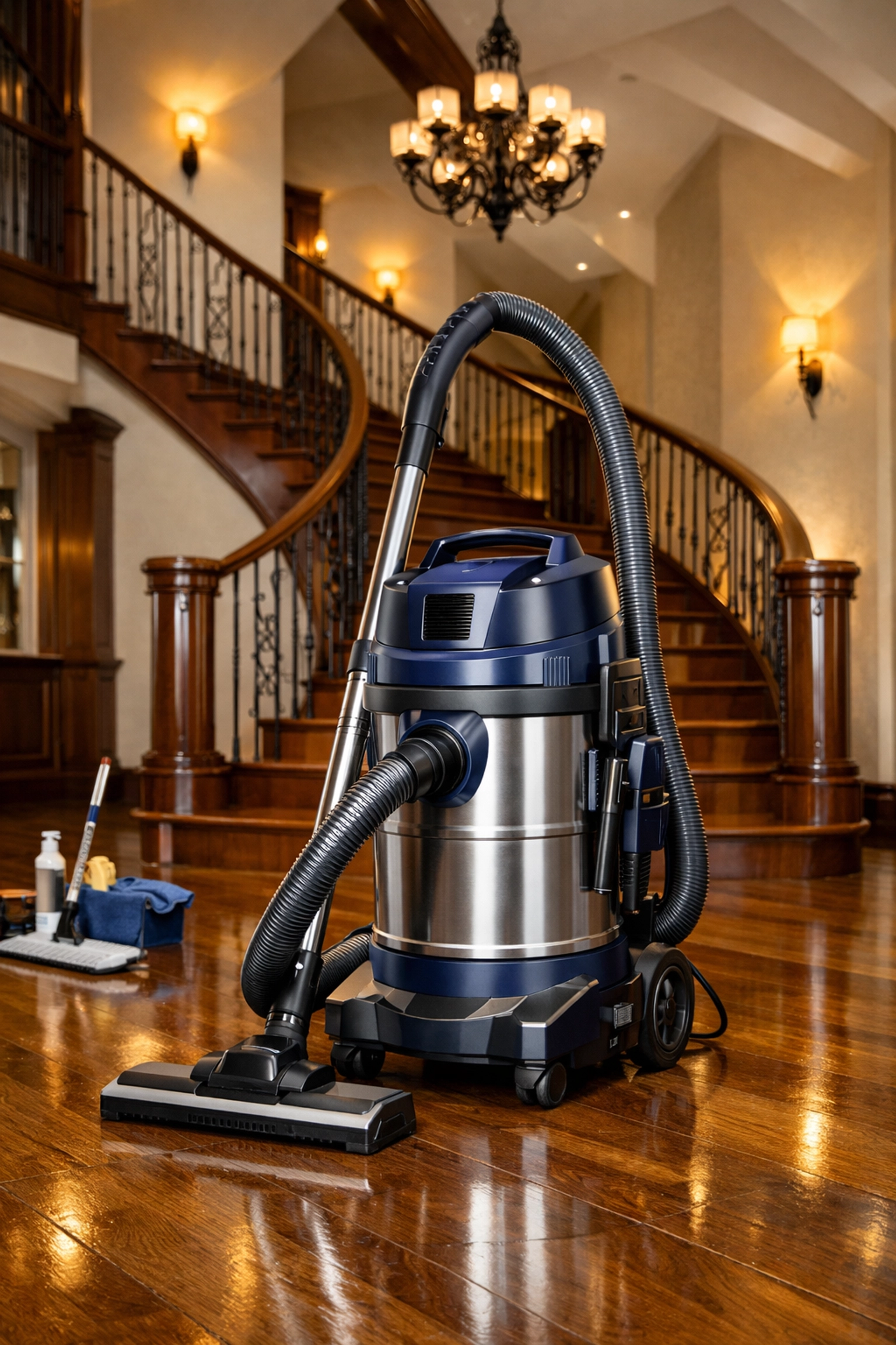 Advanced HEPA vacuum on polished floors in a grand Dover foyer for superior residential cleaning Massachusetts.