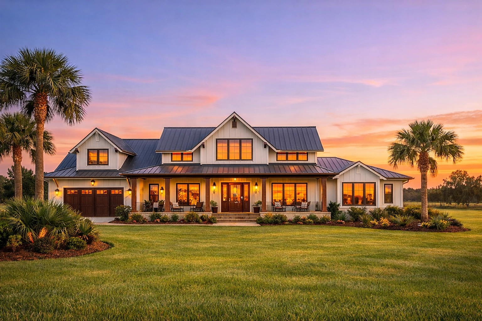 Completed modern farmhouse custom home in Okeechobee featuring a metal roof and sunset view.