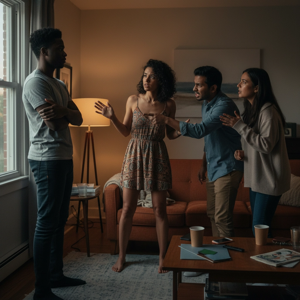 A diverse group of friends mid-argument in a living room – sides forming after a betrayal