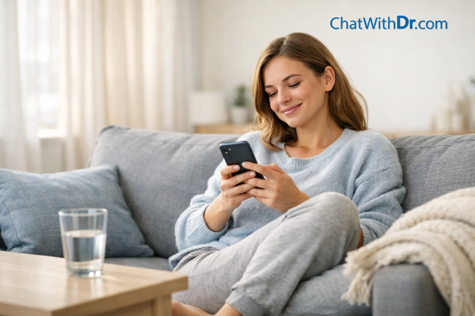 Woman comfortably using smartphone for online UTI treatment consultation from home