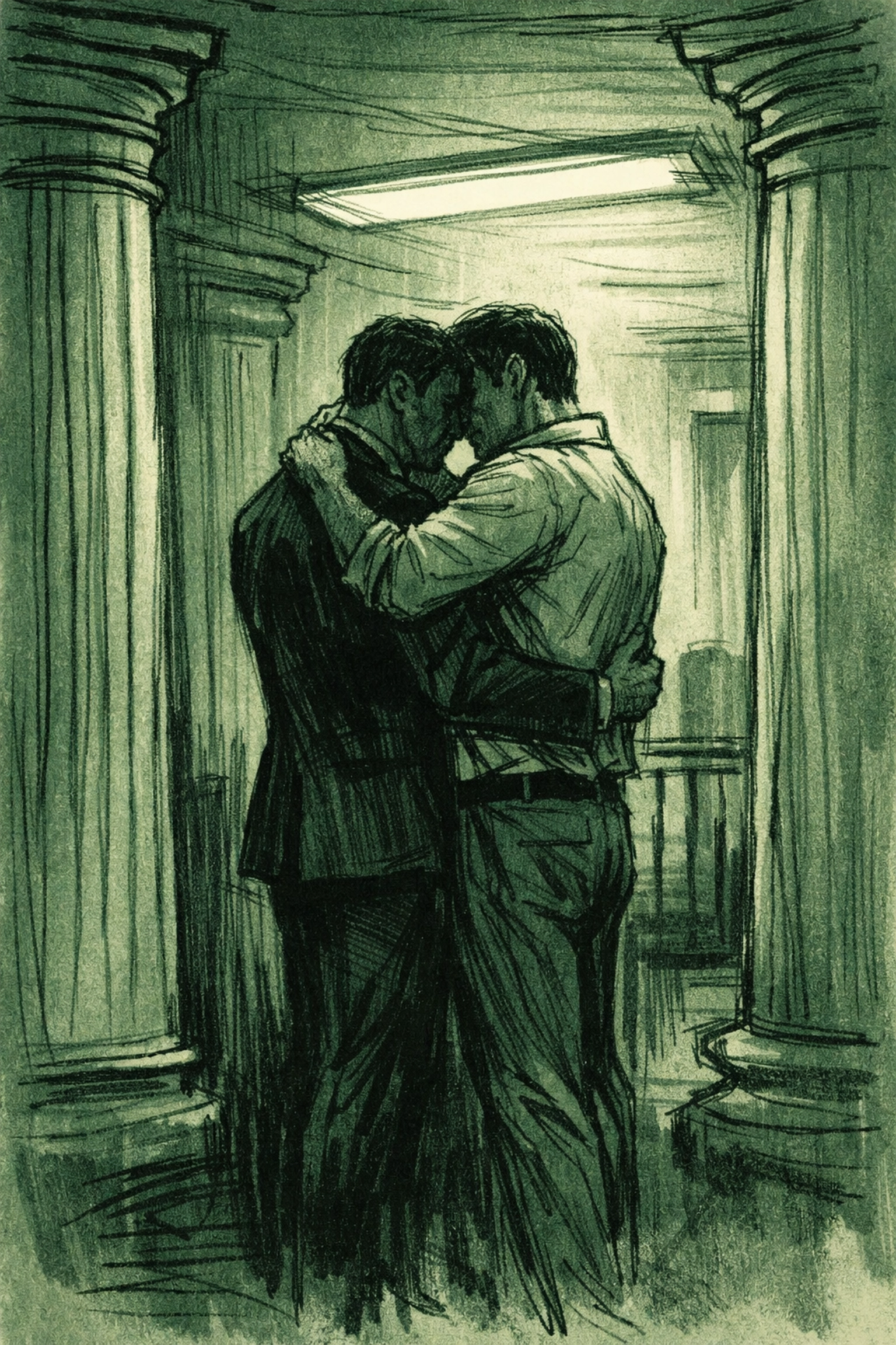 MM couple embracing in Senate corridor - forbidden gay romance in political thriller setting