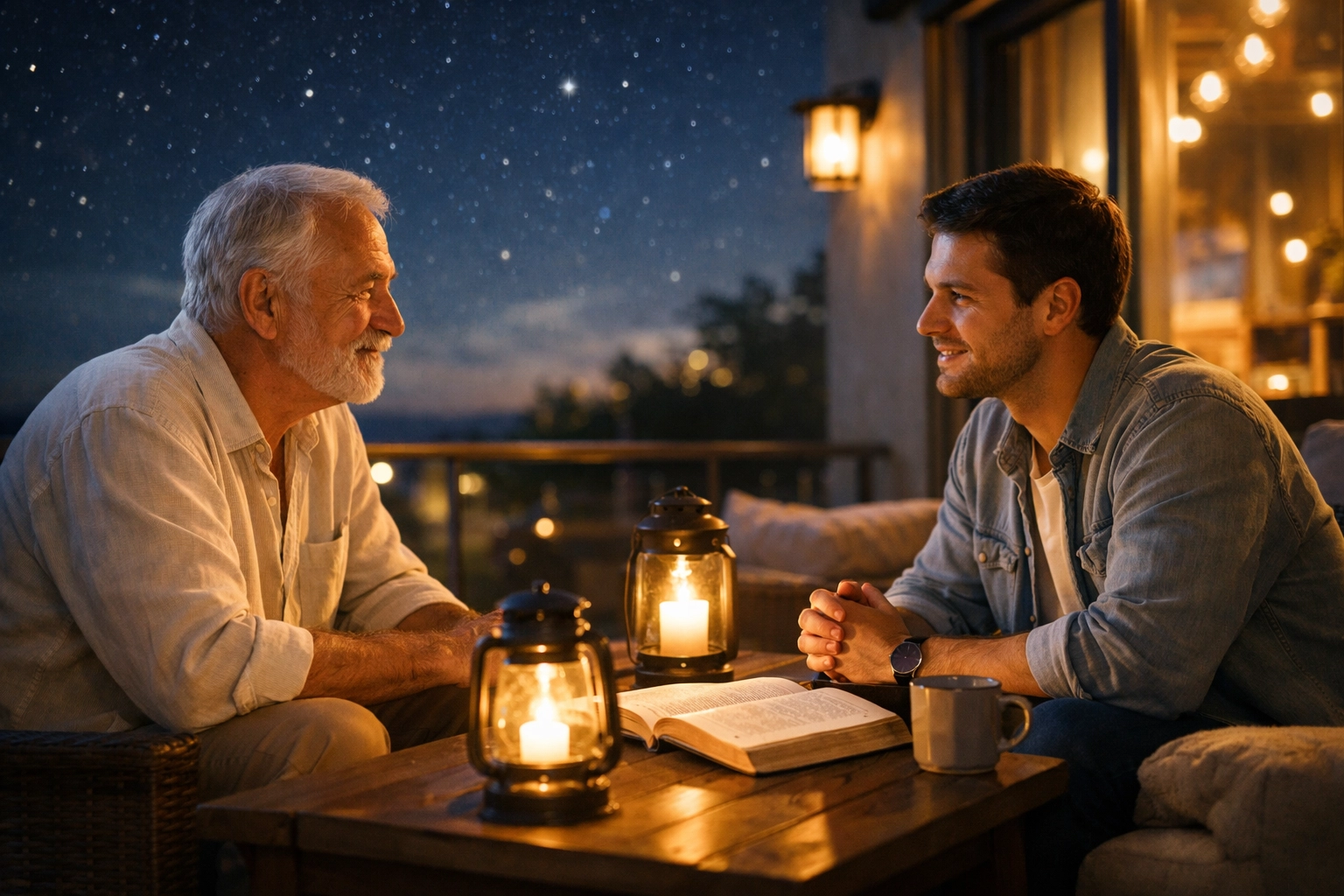 Two men have a peaceful spiritual conversation about being born again on a modern balcony at night.