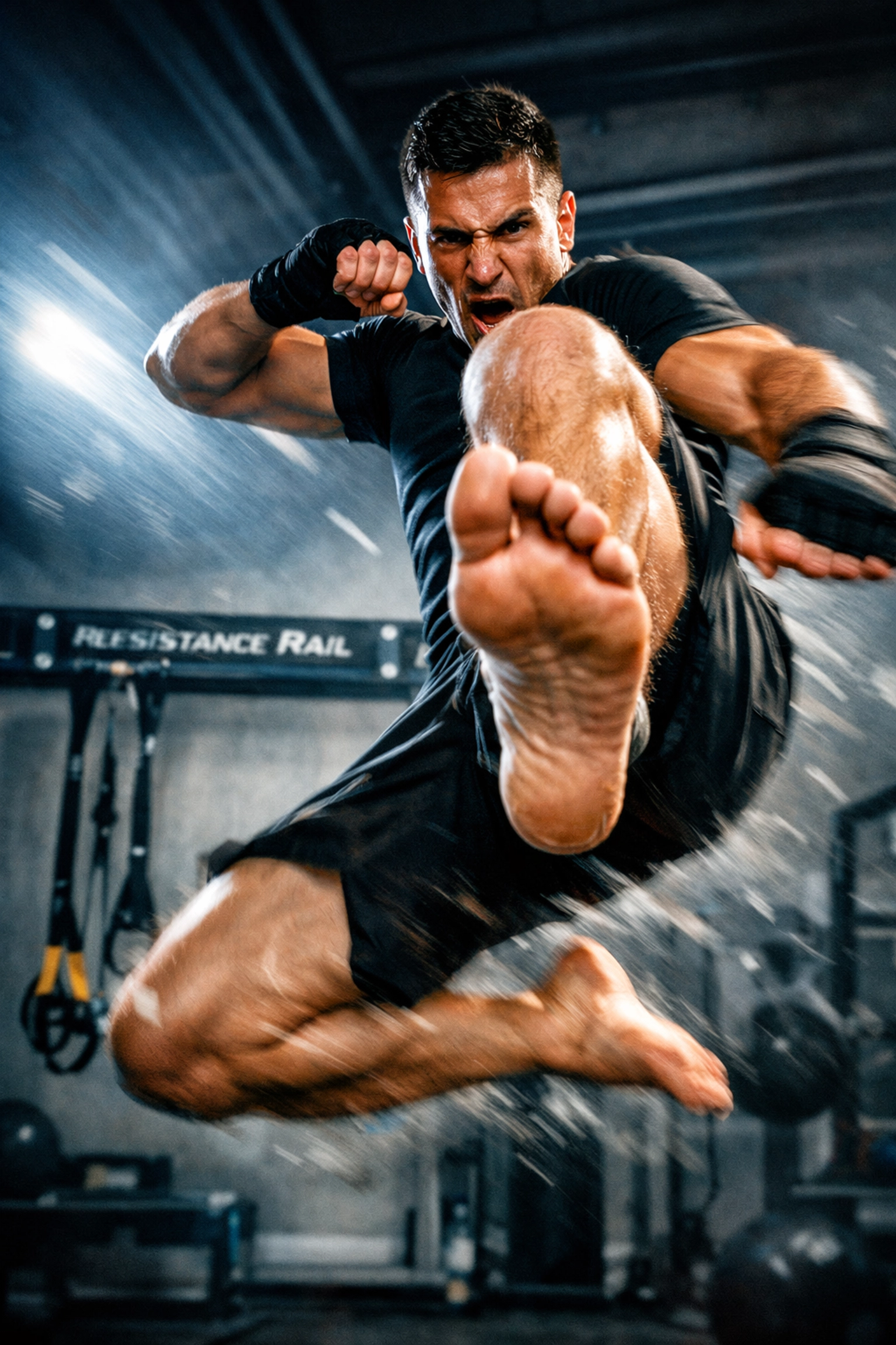 MMA athlete training in a high-intensity crossfit home gym using the Resistance Rail system.