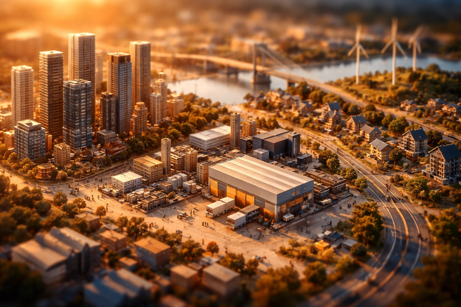 Miniature model landscape showing skyscrapers, industrial buildings, homes, and infrastructure, highlighting investment diversification options.