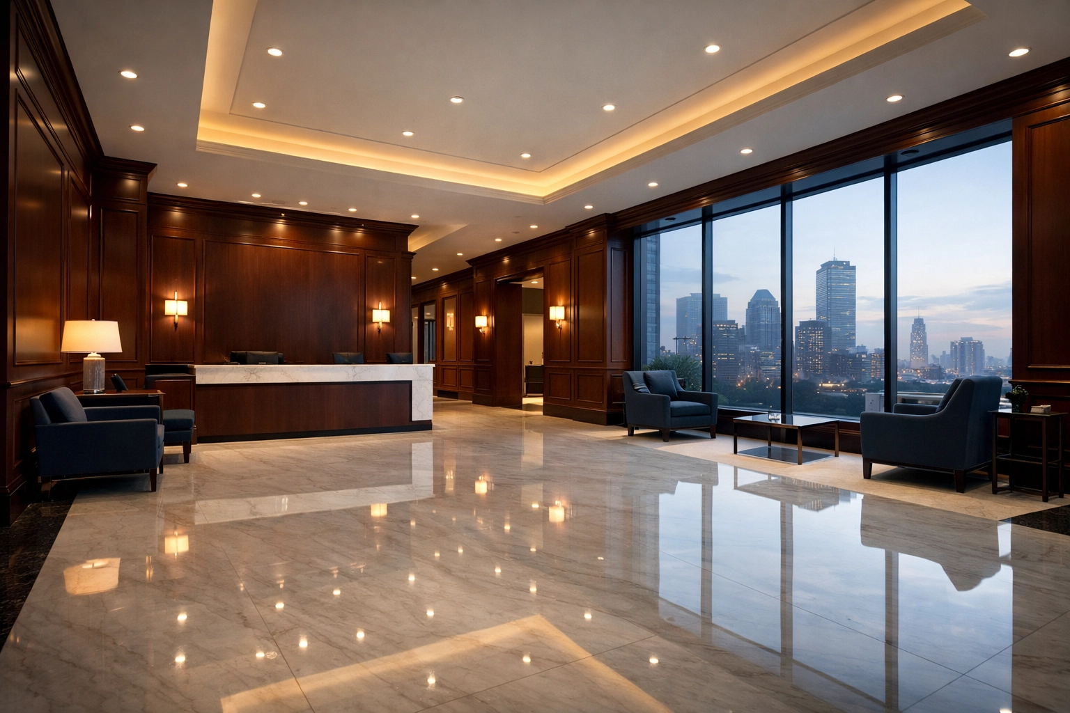 Clean law firm lobby in Boston Financial District with polished marble floors and mahogany wall paneling.