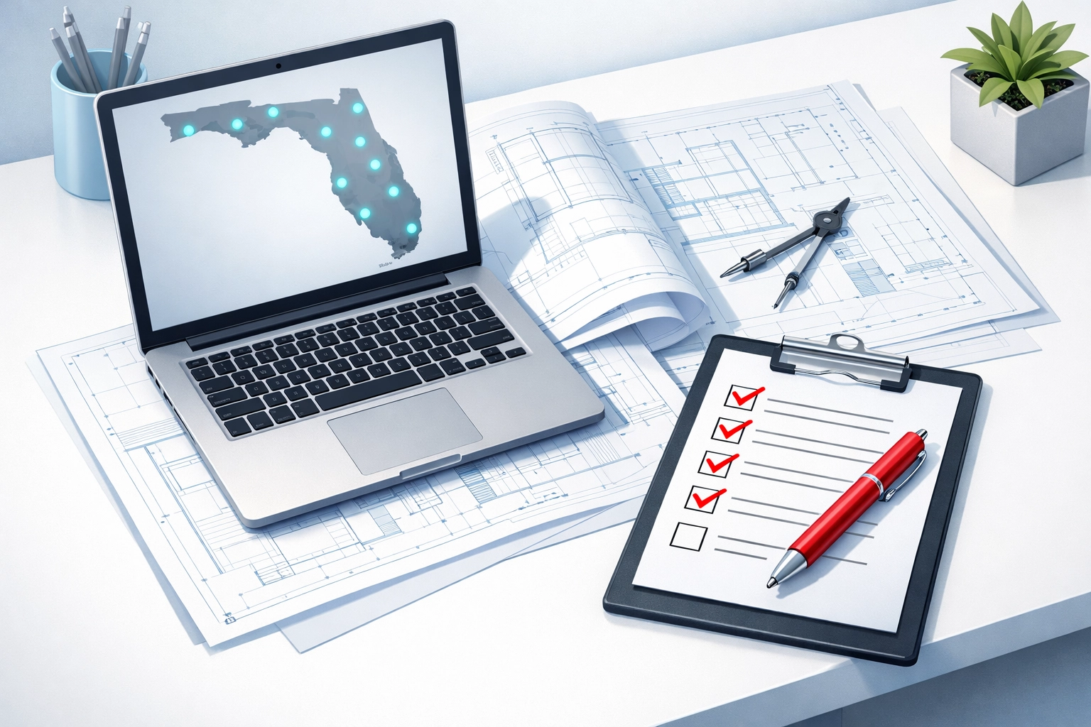 Professional workspace with blueprints and a checklist for resolving Florida building code permit violations.