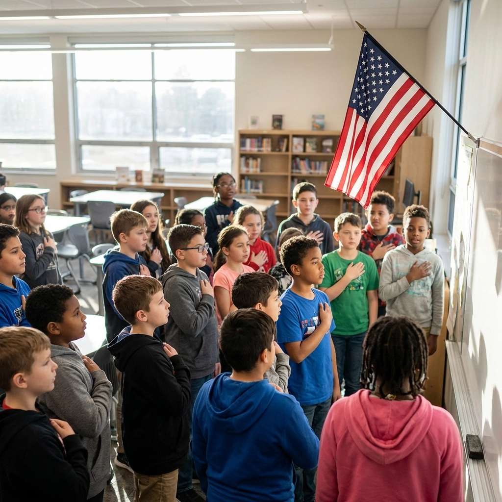 Diverse American students reciting the Pledge of Allegiance in a bright classroom, reflecting unity and civic engagement.