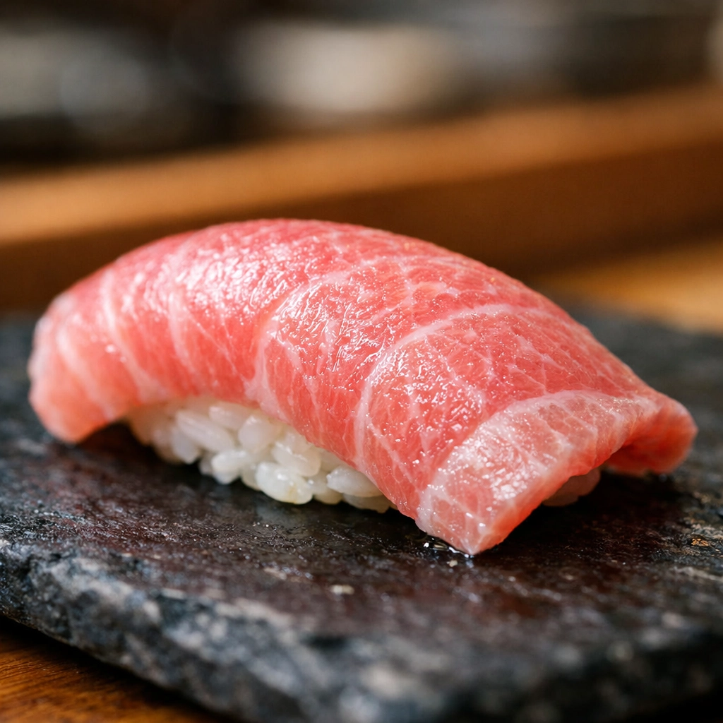 Macro photo of fatty tuna otoro nigiri at Tsukiji Market, a perfect spot for food photography in Japan.