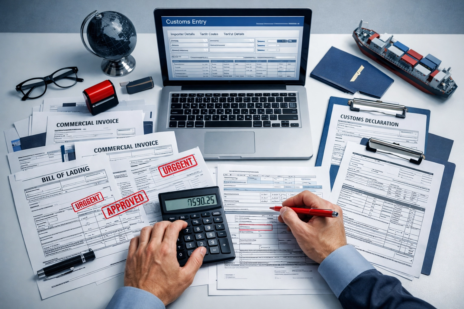 Customs broker reviewing commercial invoices and shipping documents for import compliance