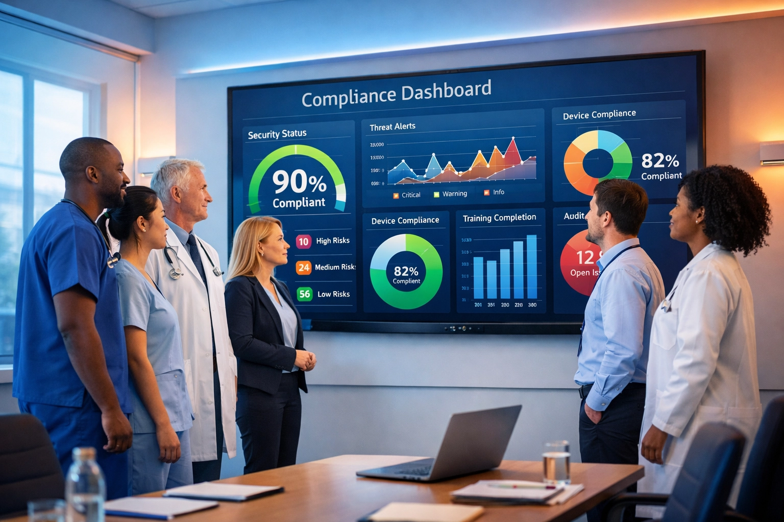Medical team using a healthcare compliance dashboard to monitor HIPAA security policies and incident reports.