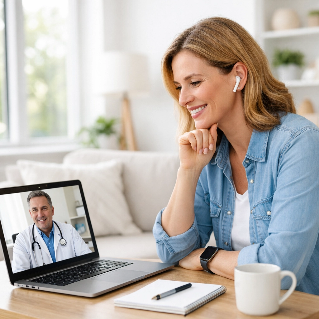 Patient engaging in a private online weight loss doctor consultation via telehealth in Massachusetts.