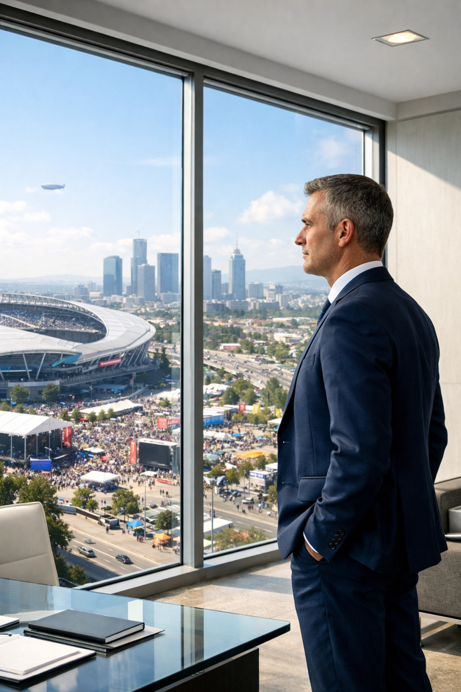 Business executive in a modern corporate suite overlooking the Super Bowl host city and stadium.