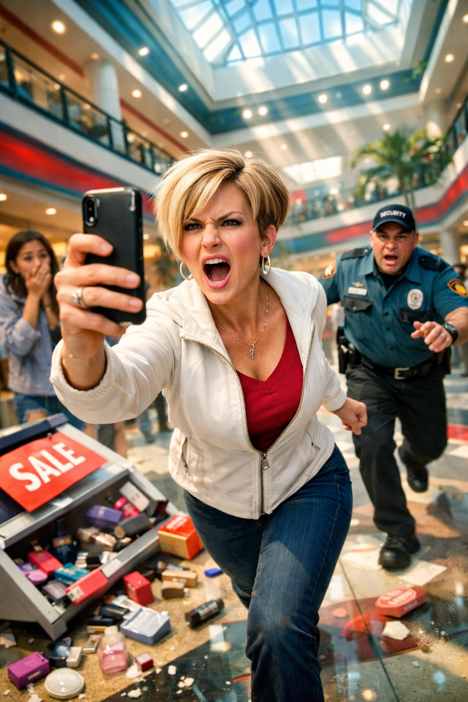 Chaotic shopping mall scene from satirical game Karen as a shopper records and demands a manager