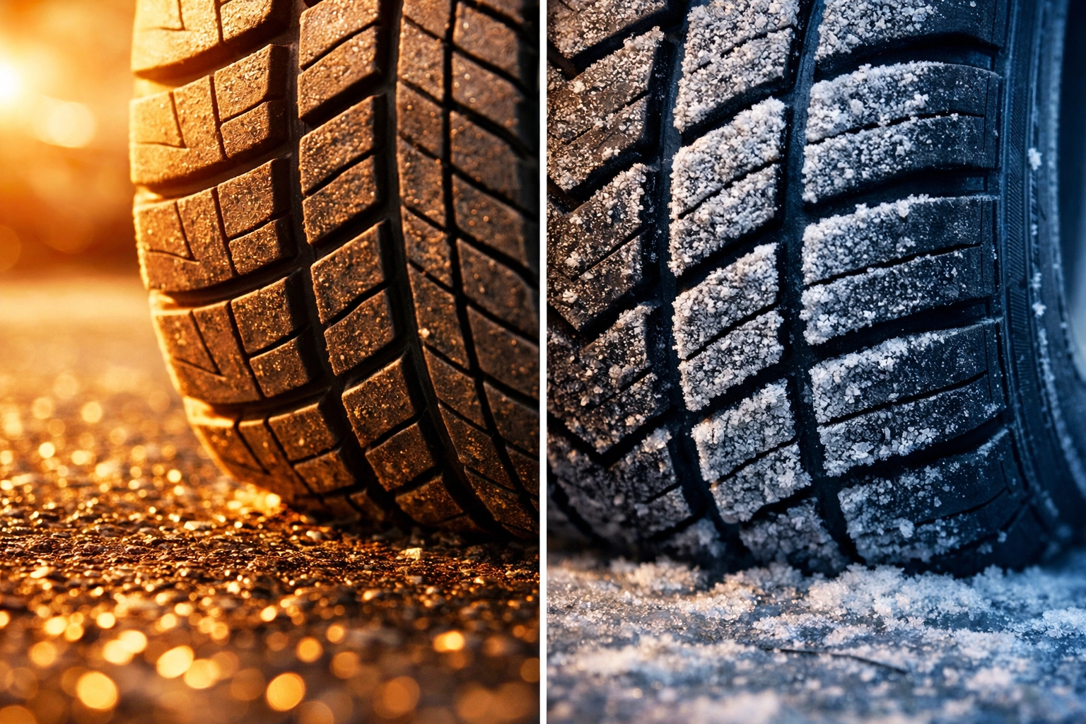 Comparison of tire rubber grip on hot asphalt and icy pavement from a tire shop in Brooklyn.