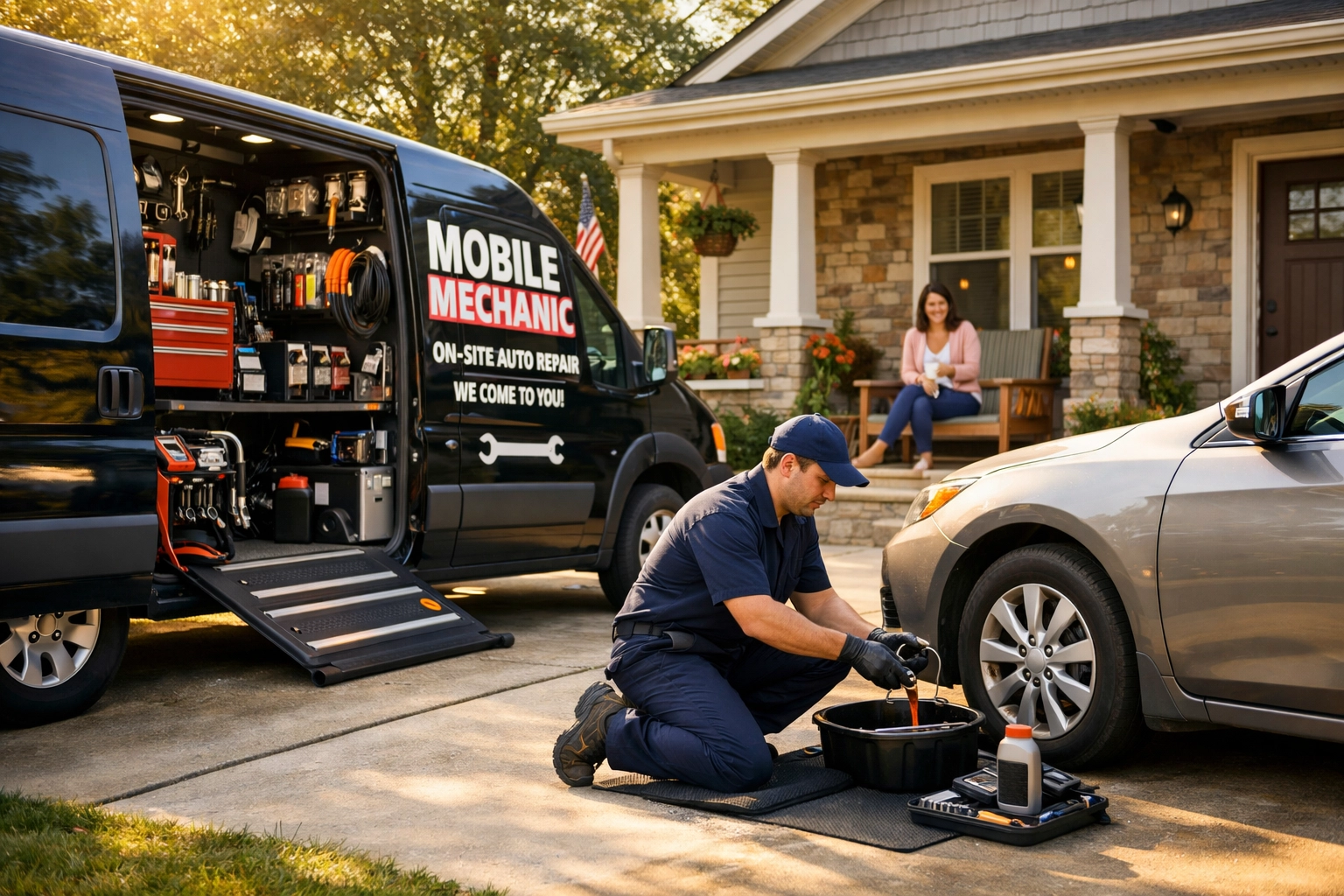 Mobile mechanic performing oil change in residential driveway in Green Bay