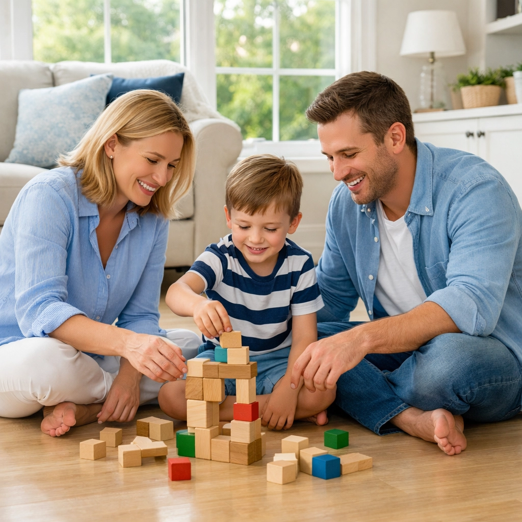Happy family playing on a clean floor thanks to reliable House Cleaning Services in MA.