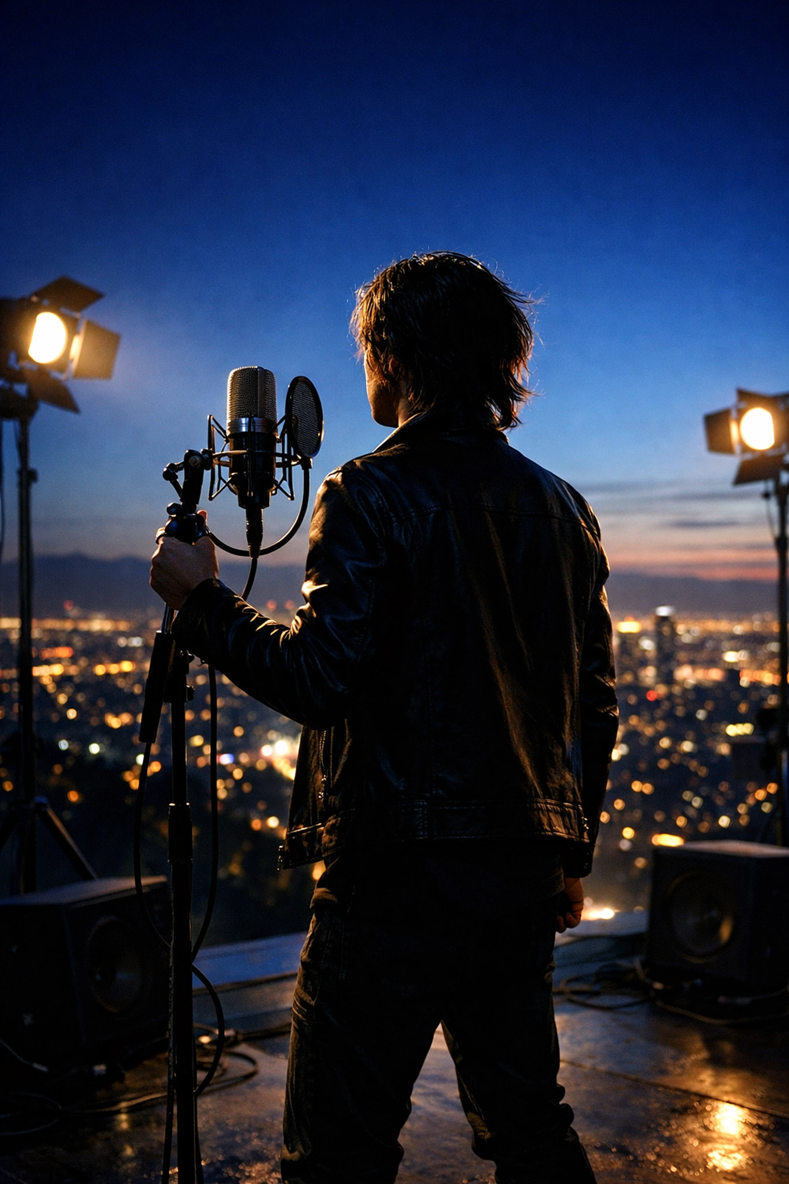 Successful artist on a rooftop stage overlooking a city skyline, representing career milestones.
