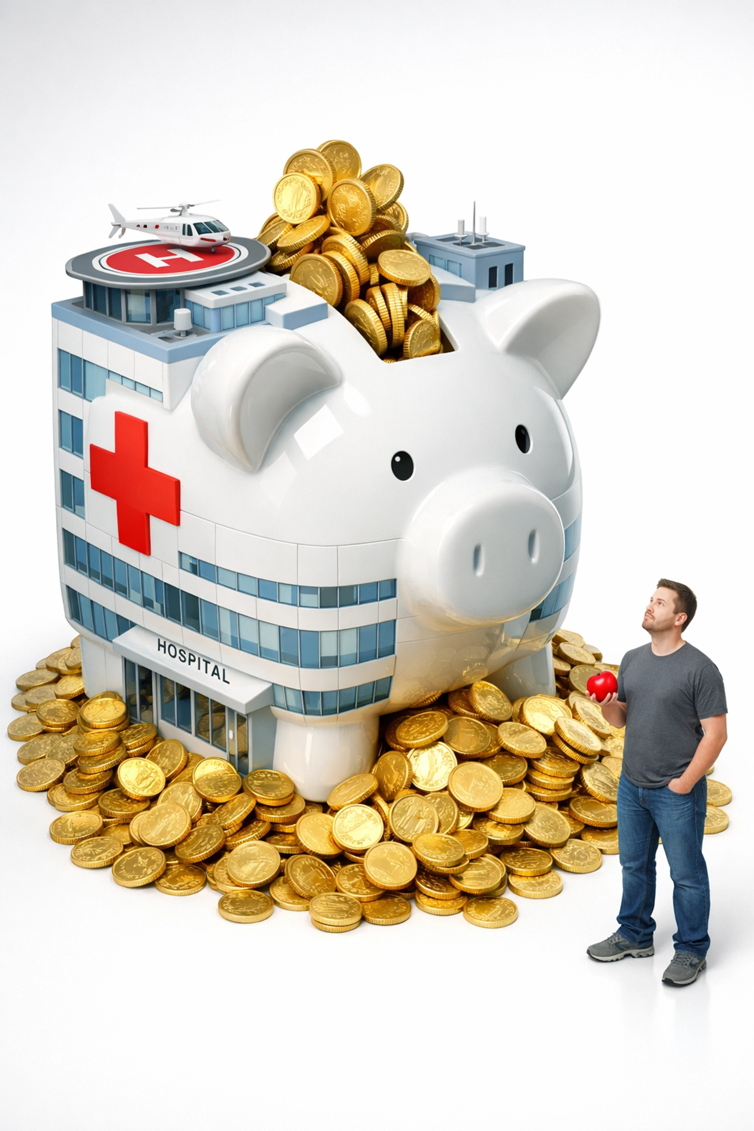 Hospital piggy bank overflowing with gold coins vs a skeptical man holding an apple, depicting high medical costs.