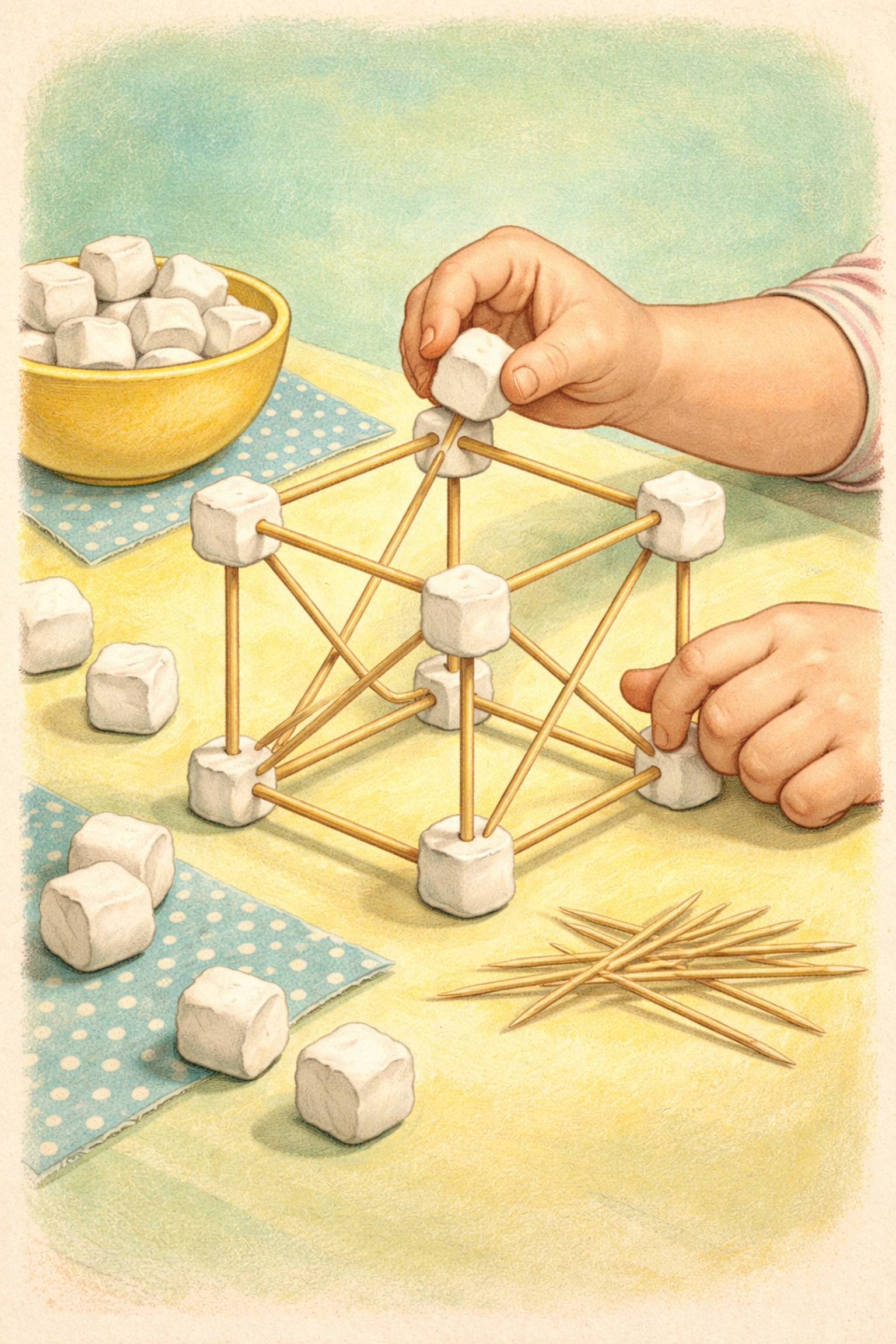 Child constructing a 3D marshmallow and toothpick cube structure, illustrating tower building steps