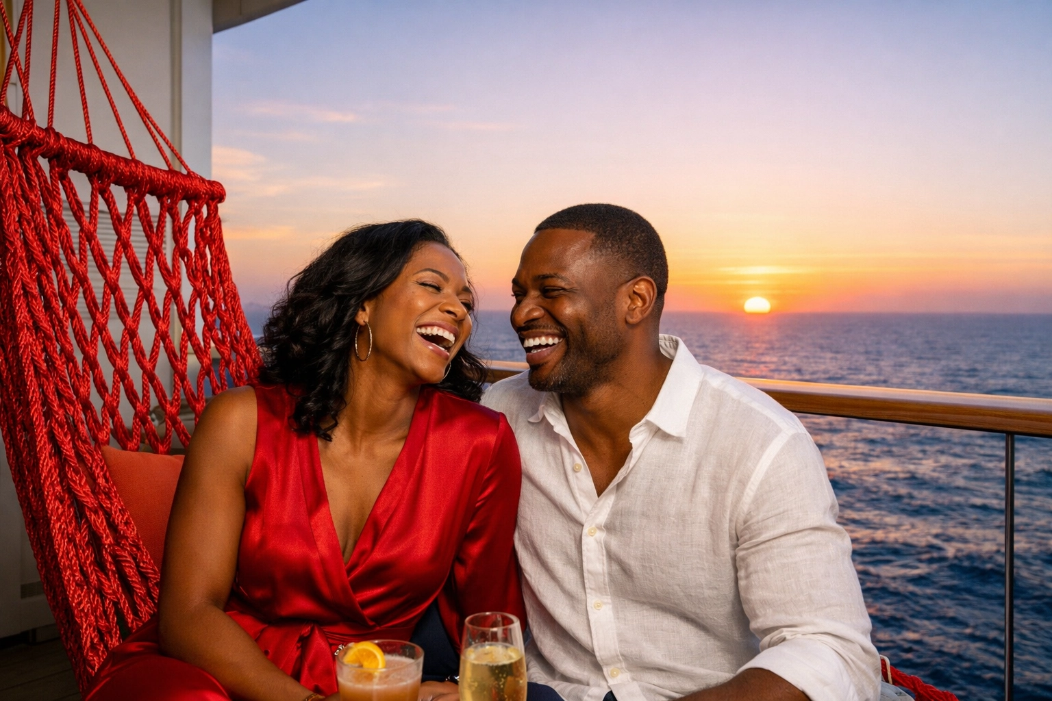 Couple on a Virgin Voyages Sea Terrace balcony with a red hammock at sunset.
