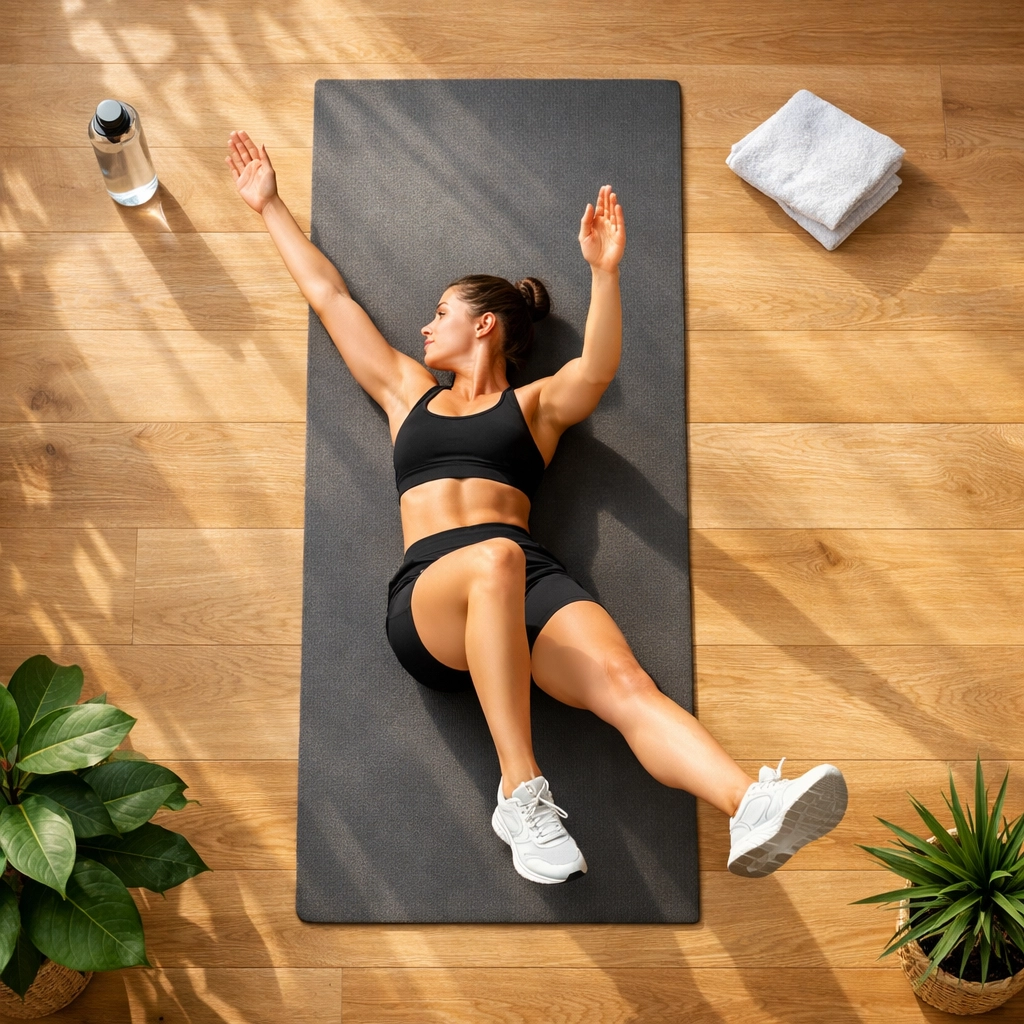 Woman demonstrating dead bug core exercise with proper form on yoga mat in home workout space