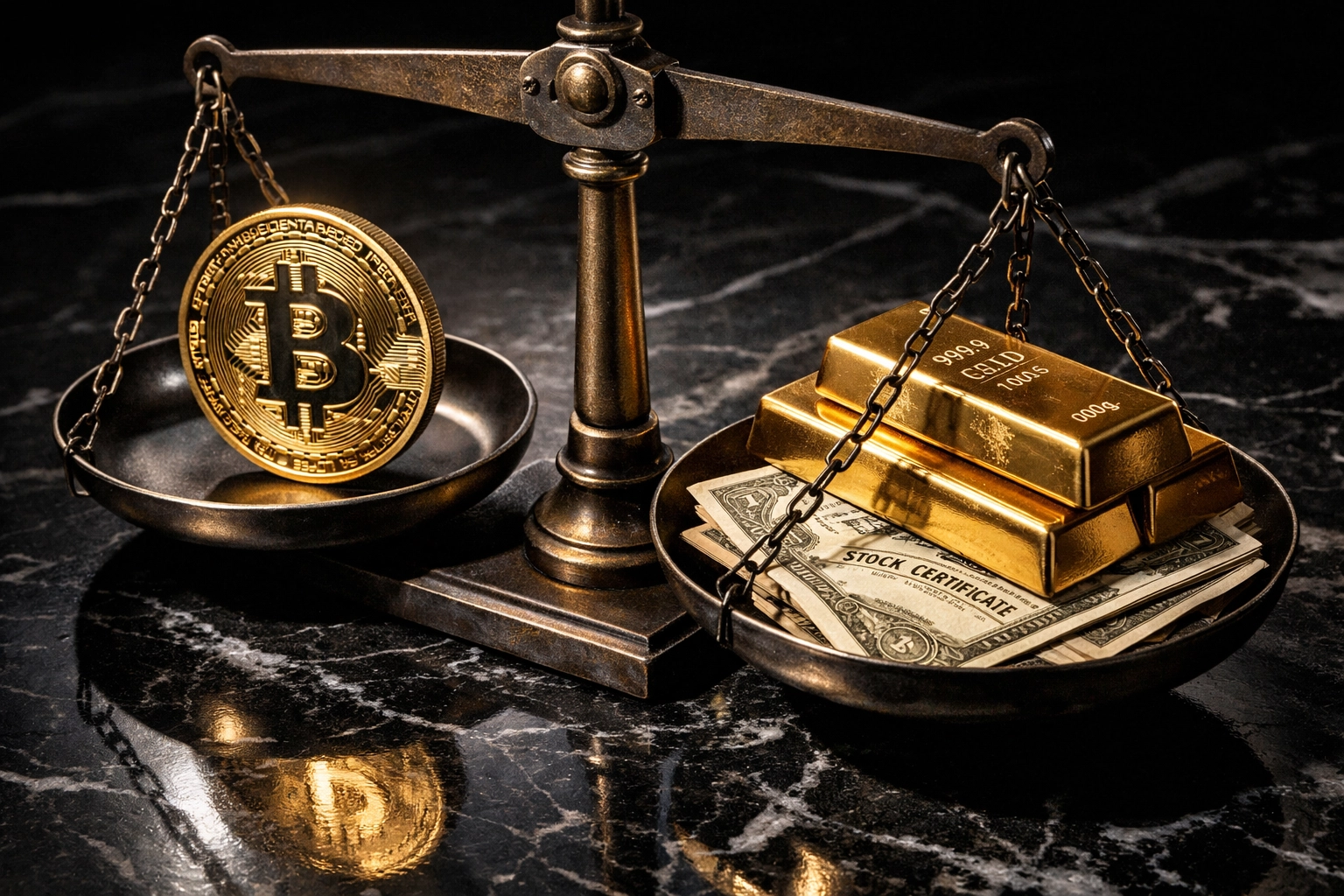 Bitcoin balanced with gold and traditional assets illustrating modern wealth diversification strategy