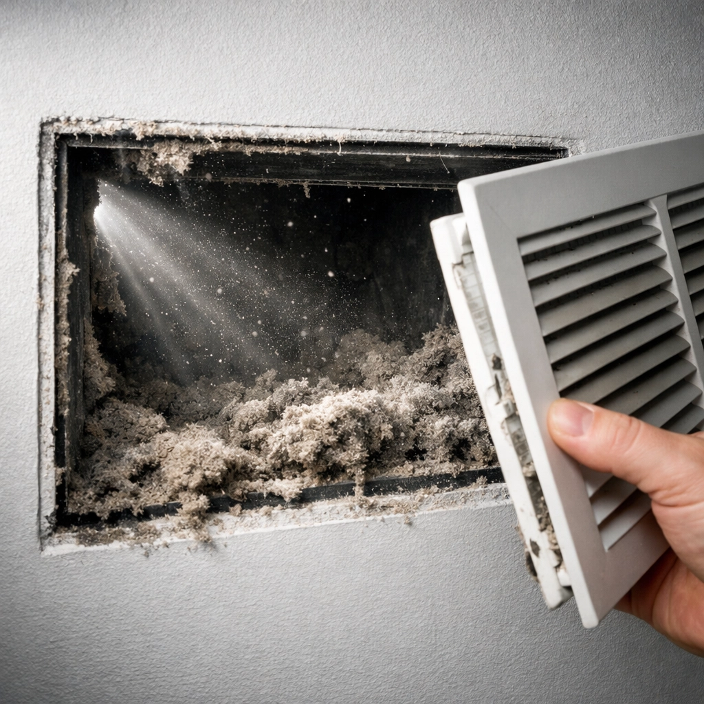 Dirty air duct vent showing dust and debris buildup requiring professional cleaning