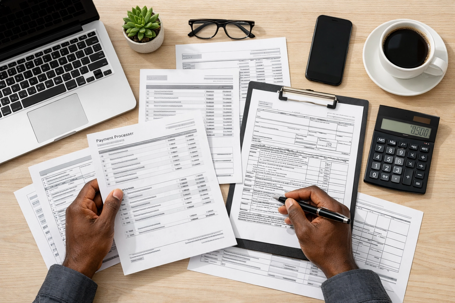 Business owner organizing payment processor statements and 1099-K forms on desk