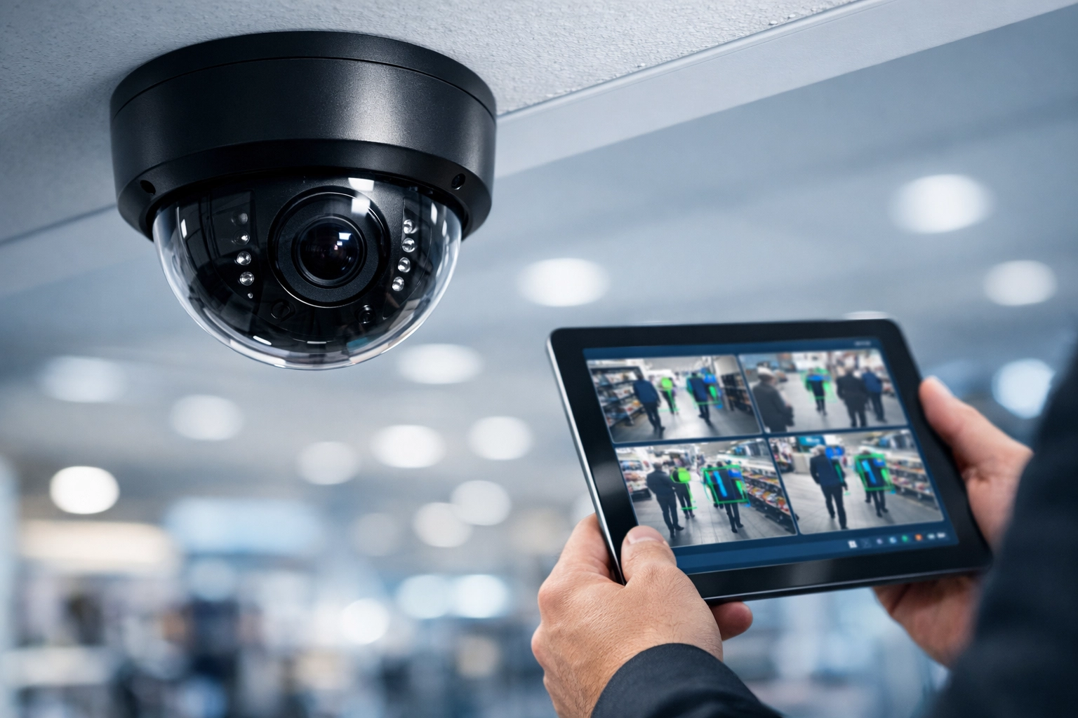 Modern AI CCTV camera system integrated with digital monitoring for retail theft prevention.