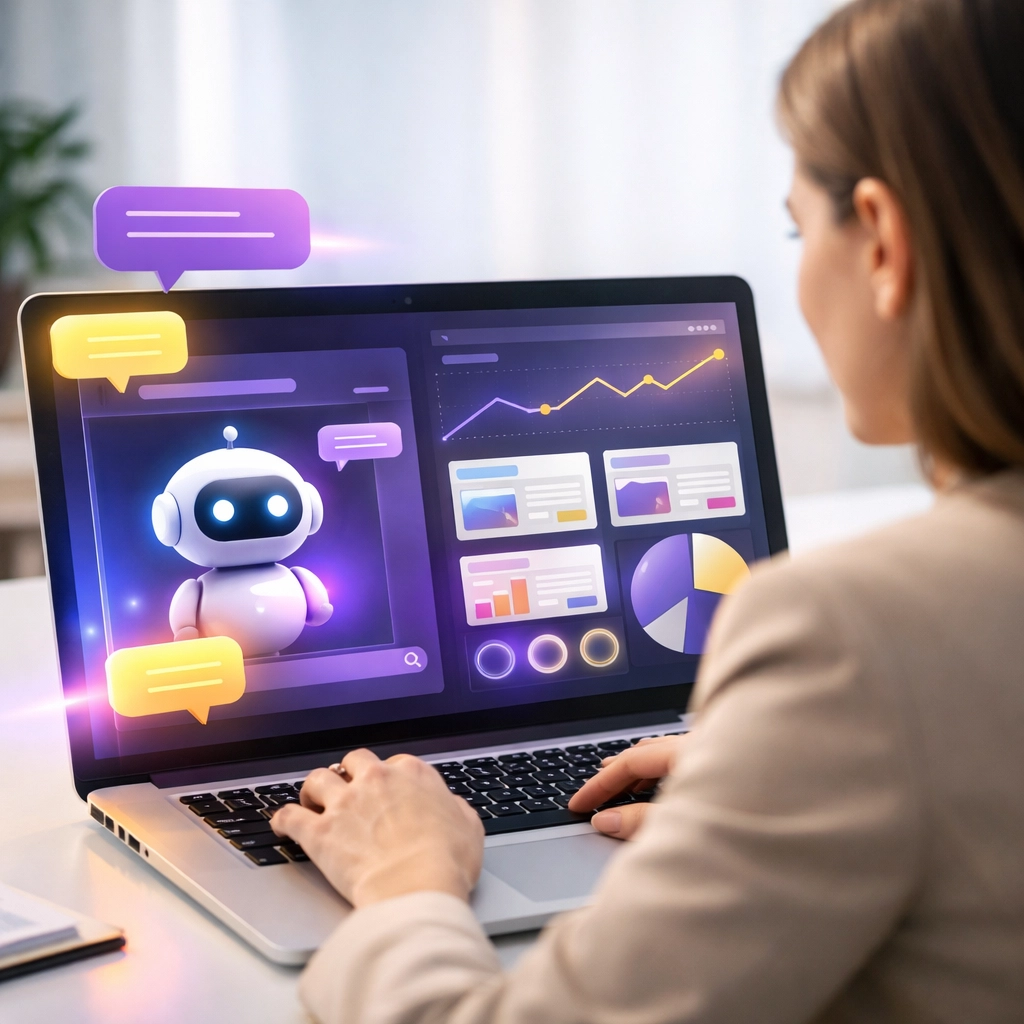 AI-driven search and marketing strategy concept with an AI assistant interface.