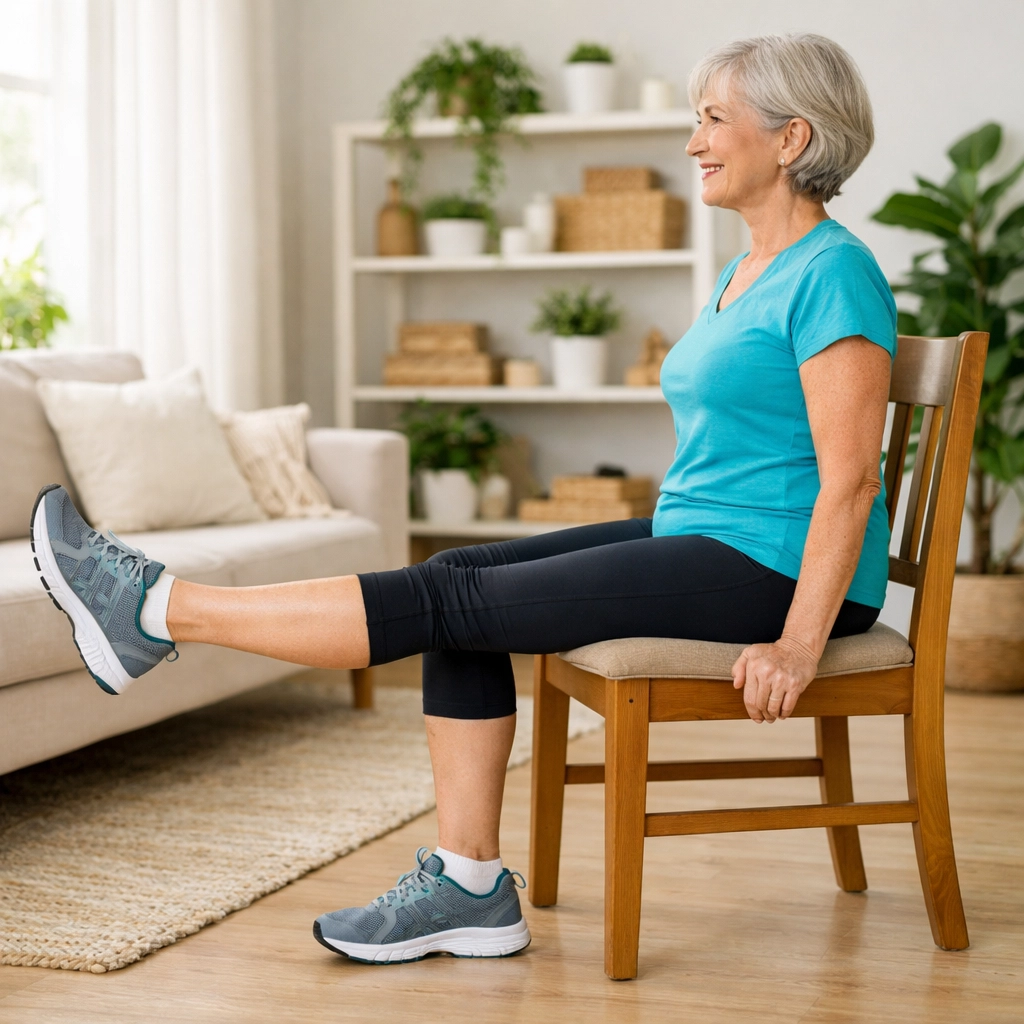 Senior woman performing seated knee extension exercise to build leg strength for fall prevention