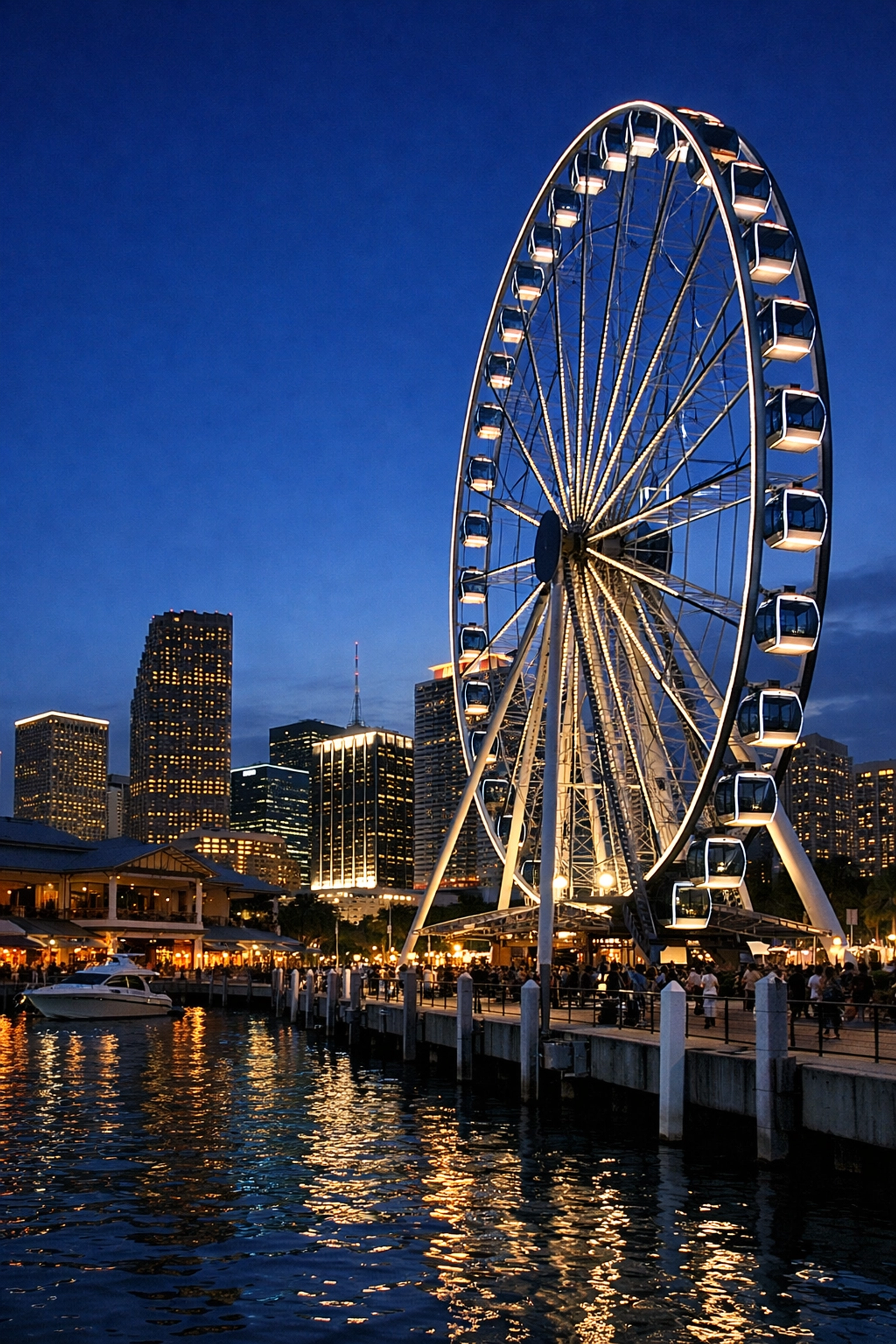 The Skyviews Miami Observation Wheel glowing at twilight with the downtown city skyline in the background.