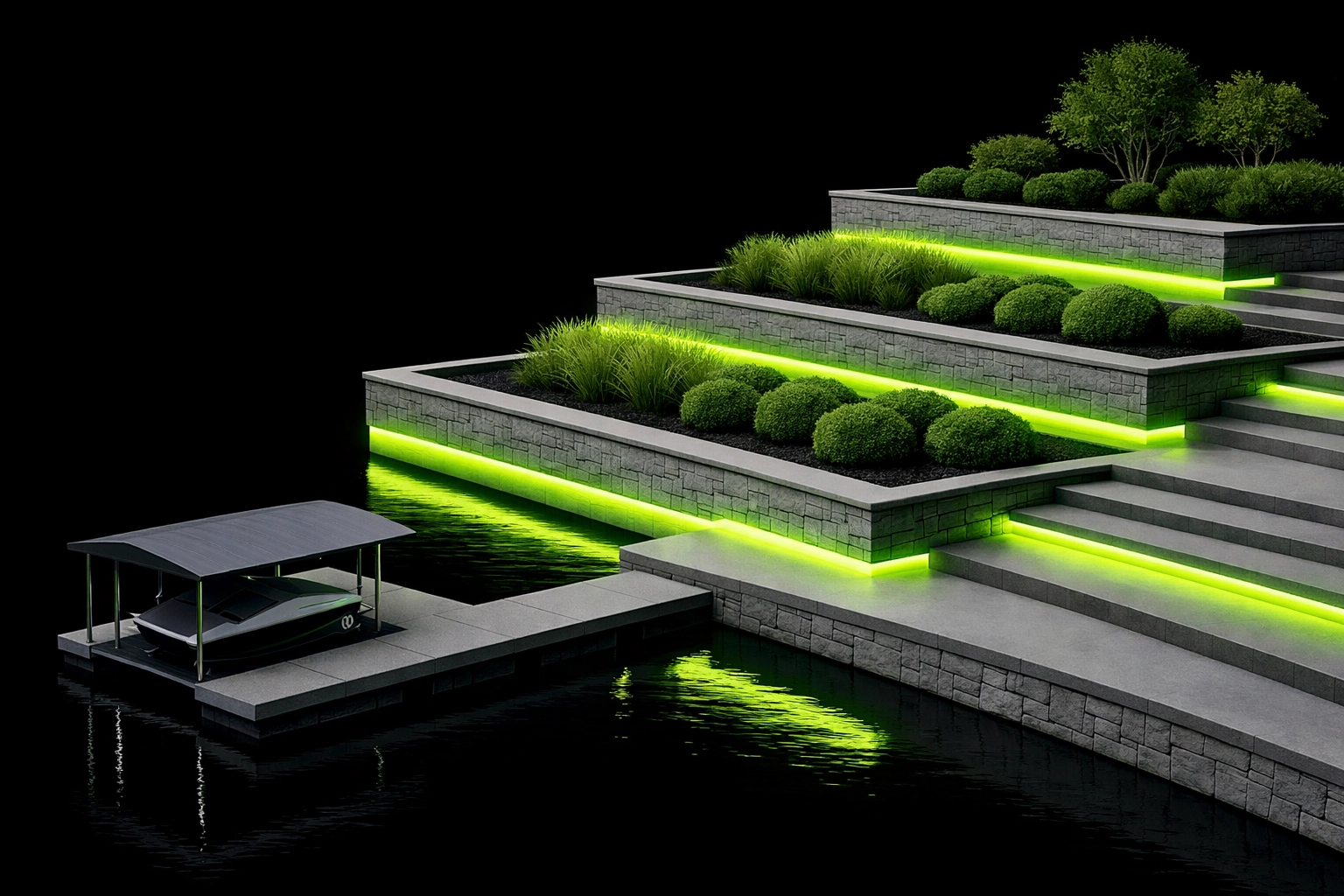 Professional lakefront landscaping with stone retaining walls at Lake of the Ozarks.