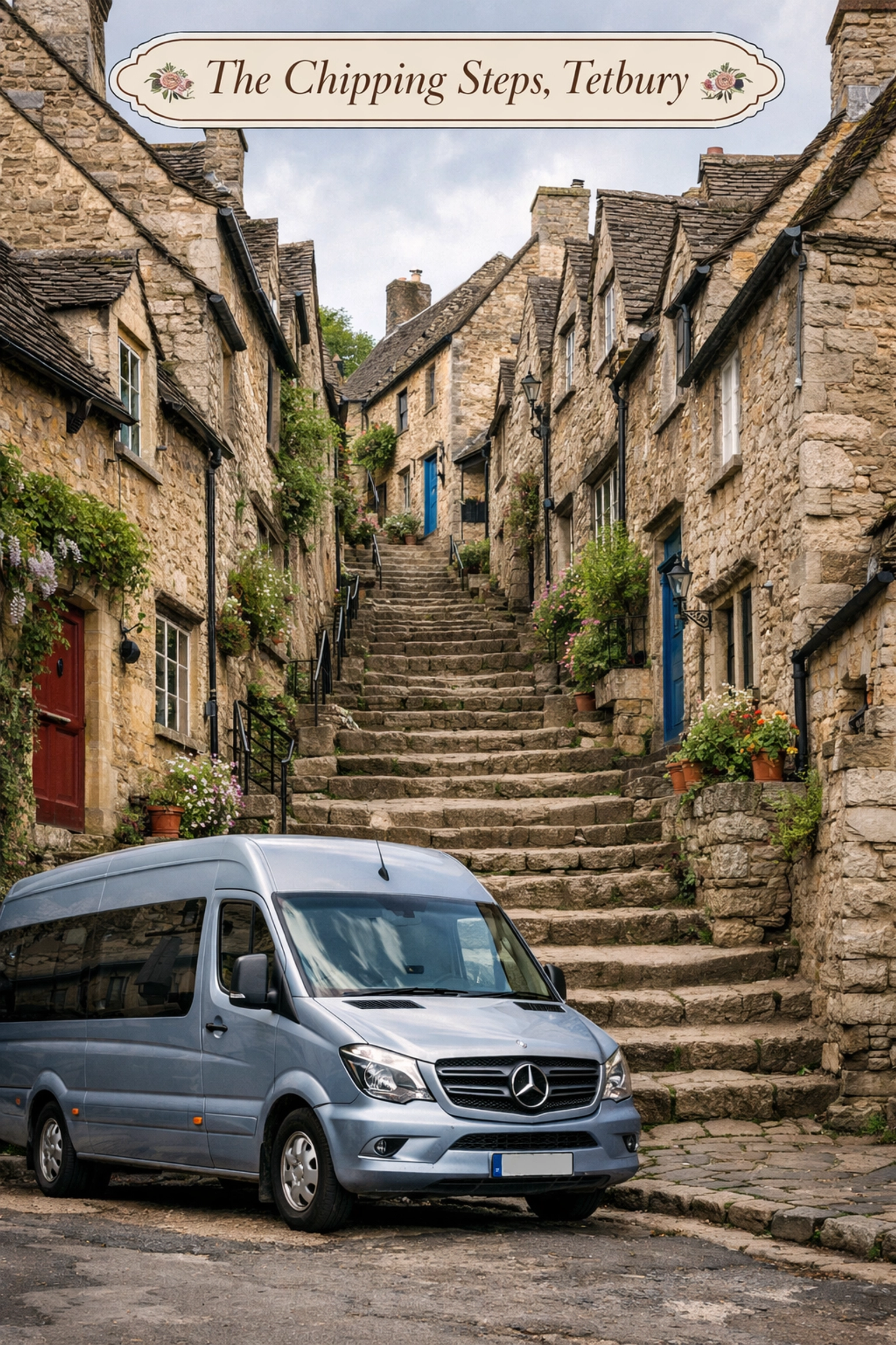 Tour bus parked by the historic Chipping Steps and golden-stone weavers' cottages in Tetbury.