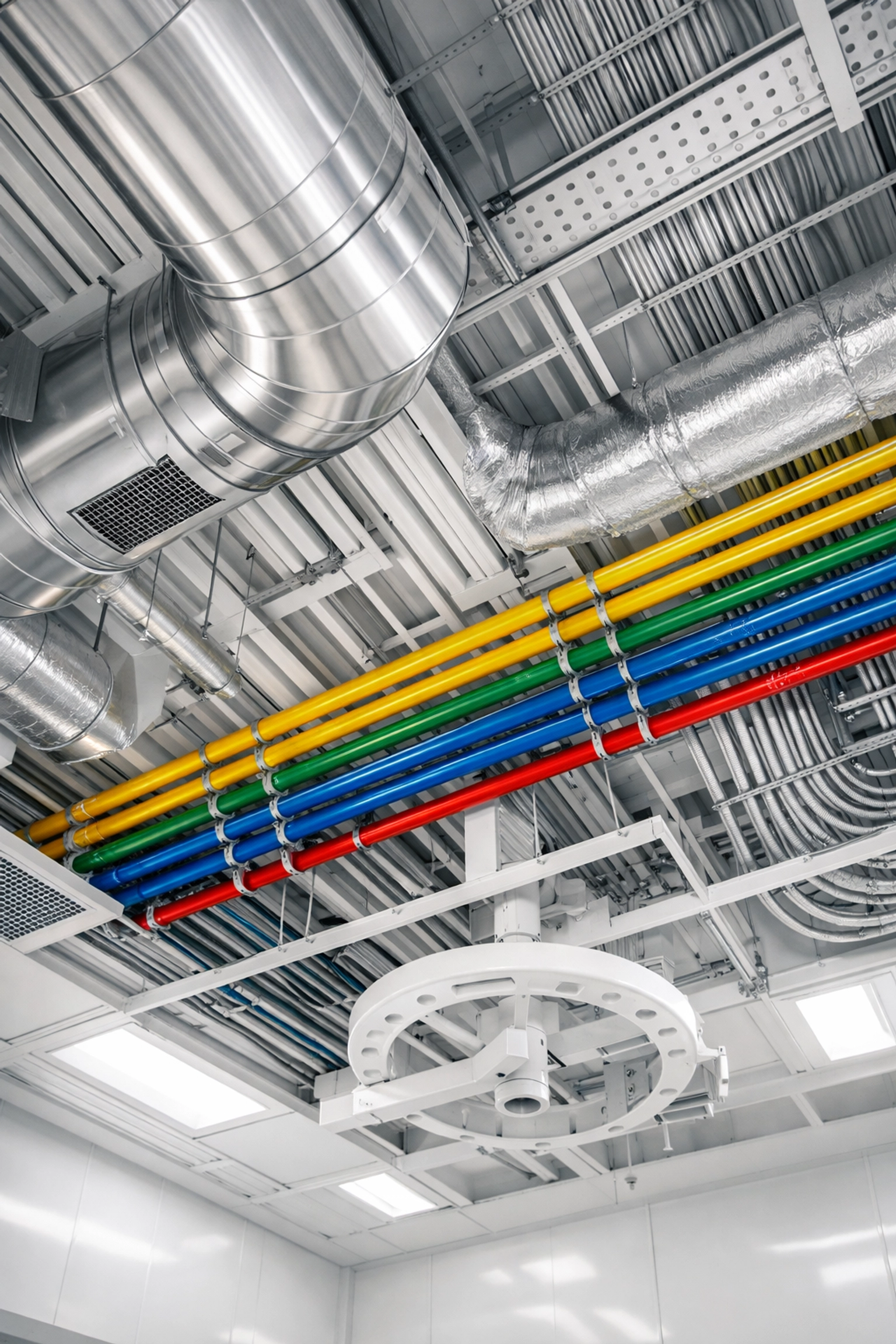Complex medical gas pipes and HVAC systems installed during hospital construction project management.