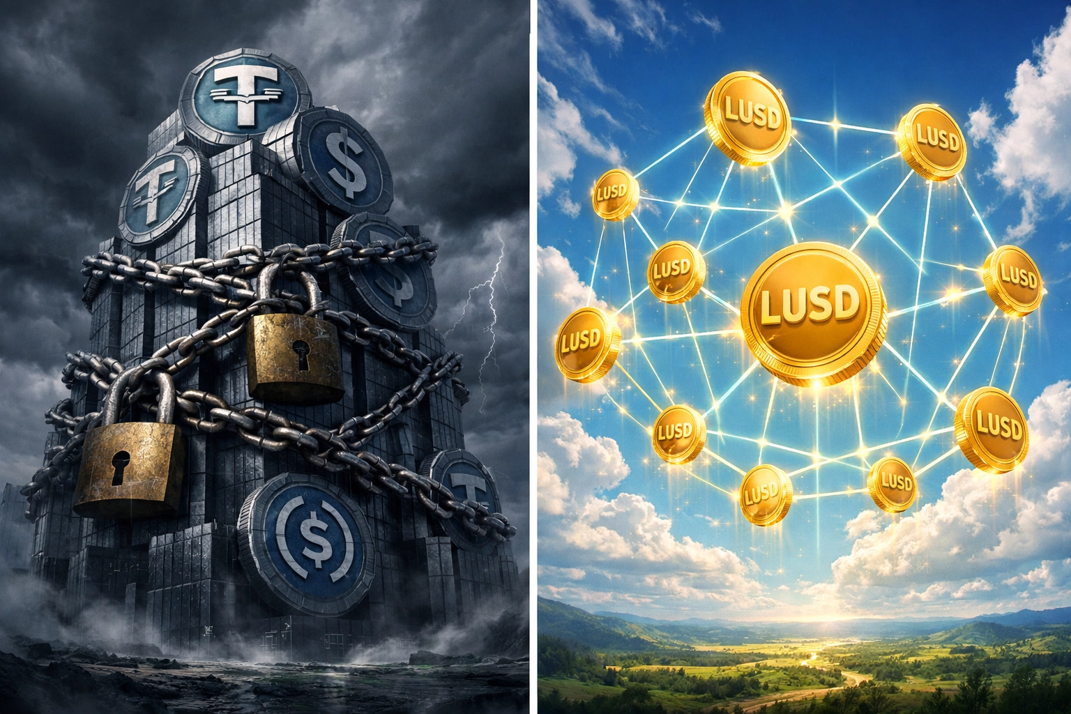 Centralized USDT USDC stablecoins versus decentralized LUSD cryptocurrency network