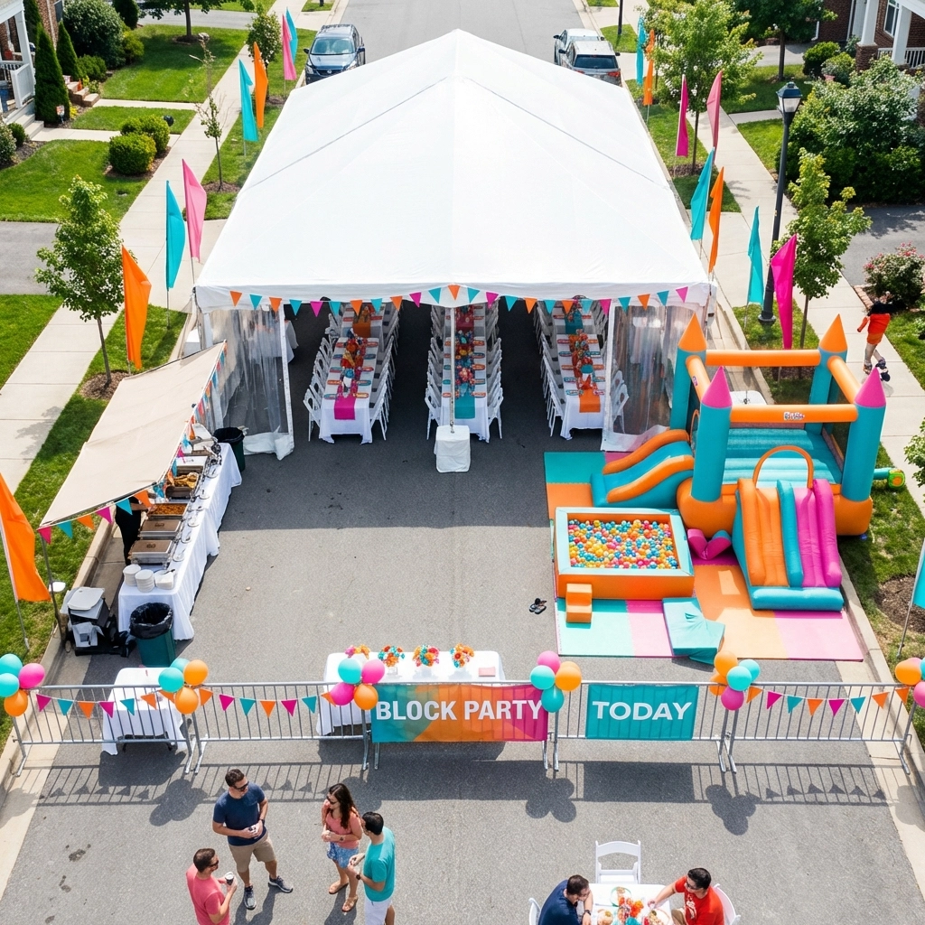 Aerial view of a well-organized block party setup featuring tents, seating, play zone, and food station