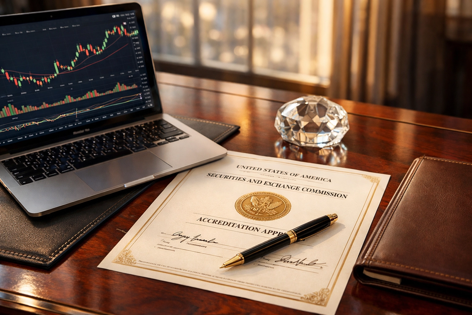 Accredited investor qualification documents and financial charts for alternative investments