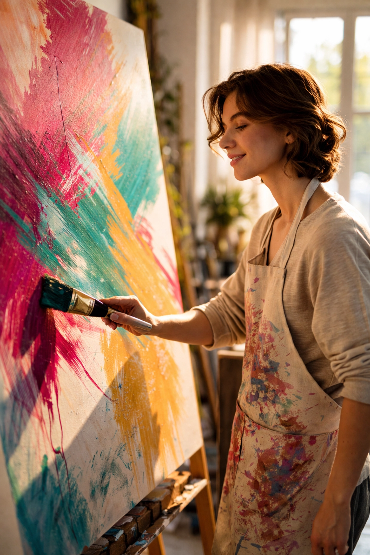 Person painting an abstract canvas in a bright studio, showing flow and relaxation during a creative wellness session