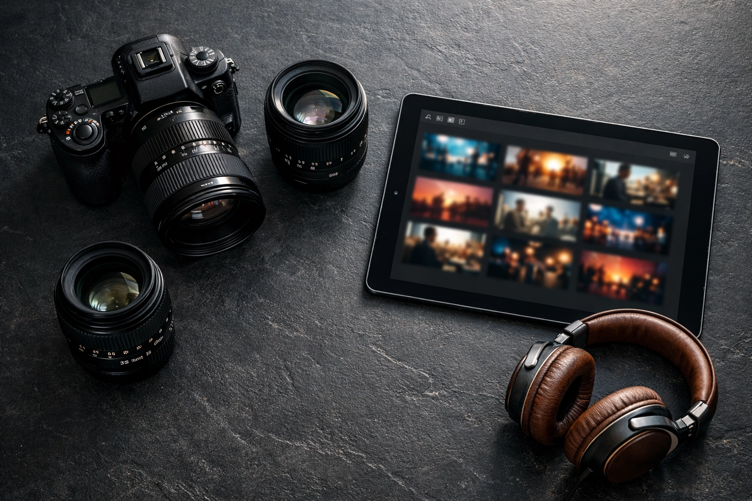 Professional videography gear and camera equipment on a freelance videographer's desk.