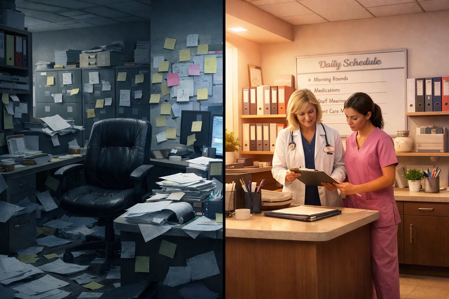 Before and after: chaotic versus organized Director of Nursing office with proper systems
