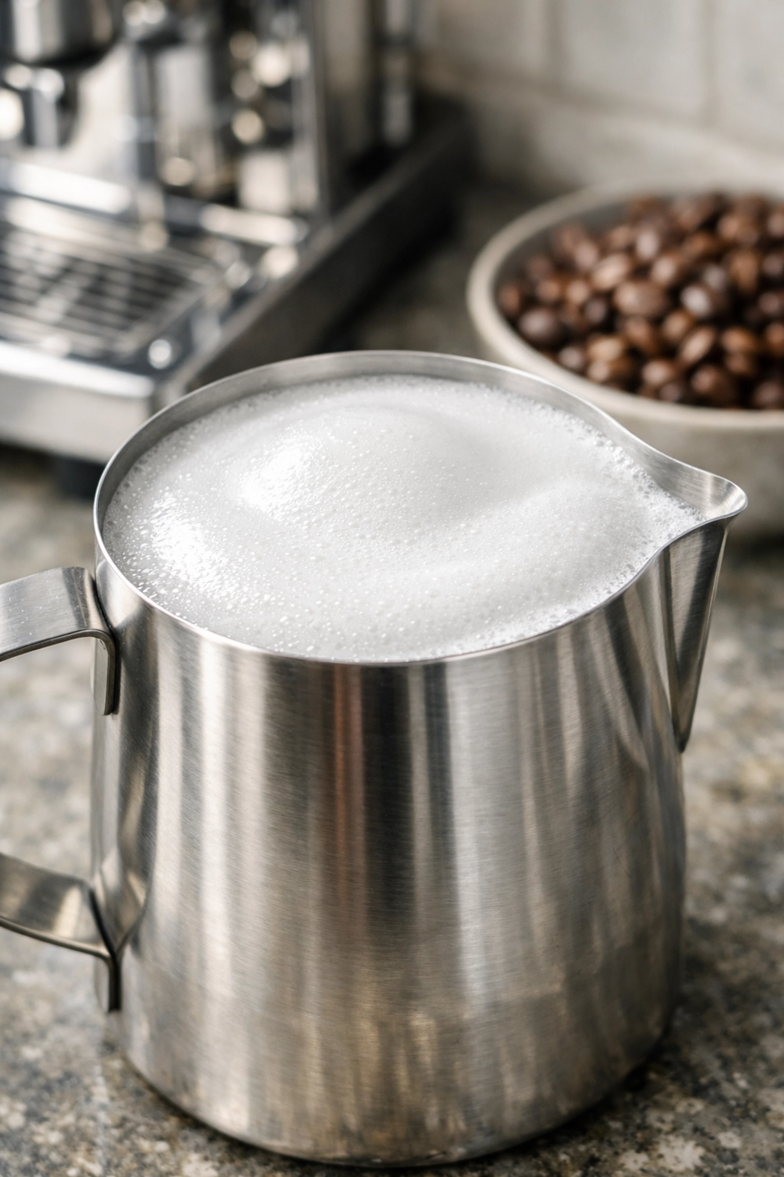 Perfectly steamed microfoam in a stainless steel pitcher, highlighting specialty coffee milk science.