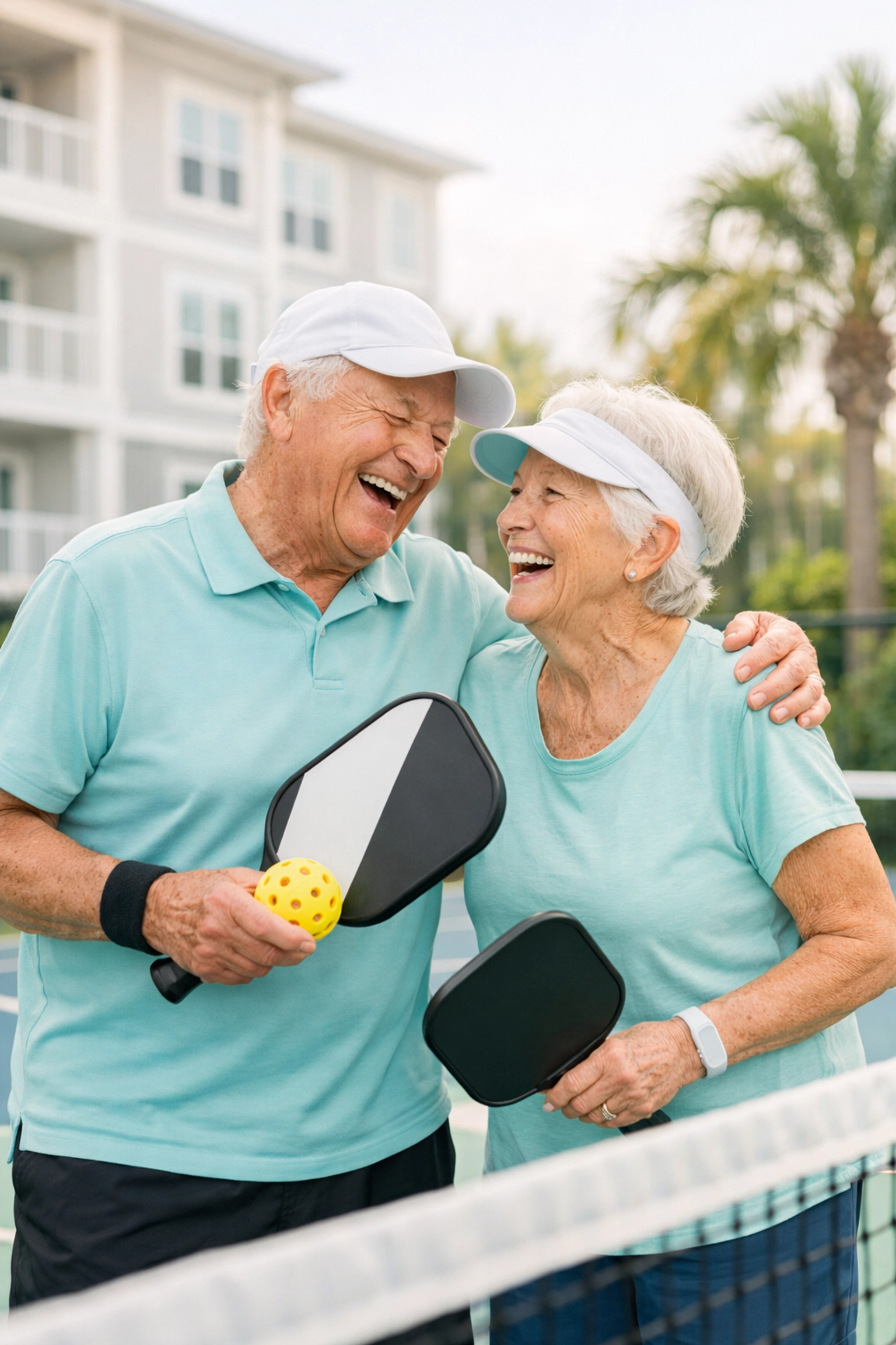 Active Boomer seniors playing pickleball at a luxury senior living Sarasota community.