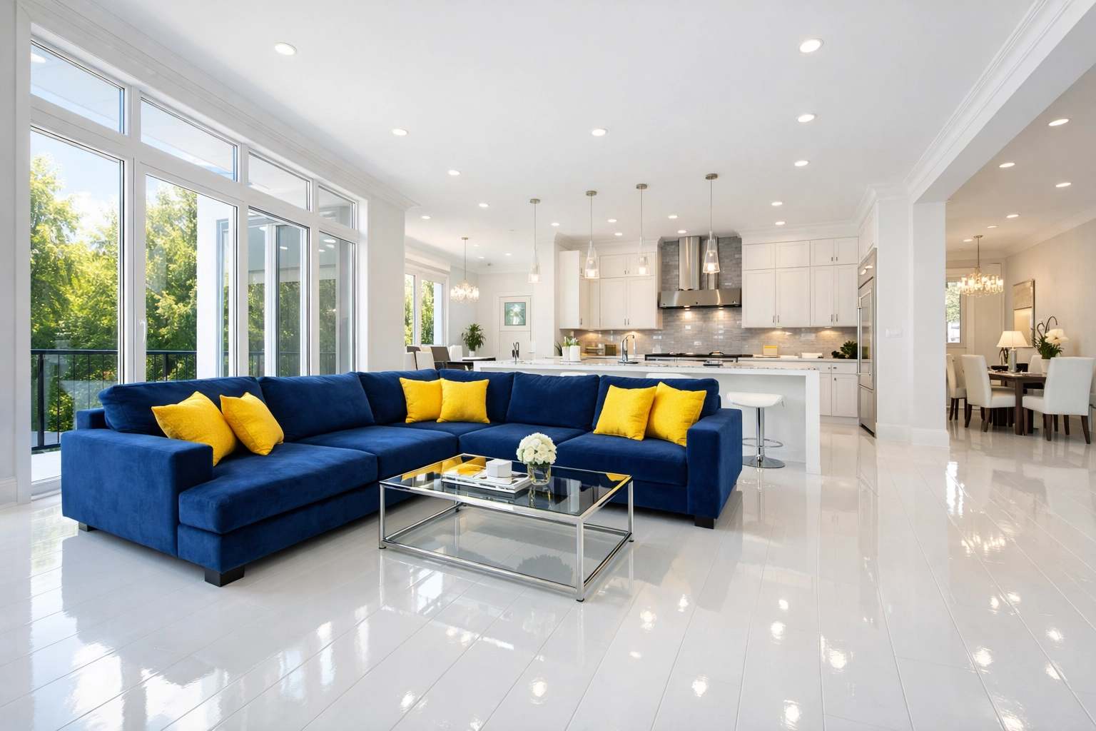 A bright, professionally cleaned luxury living room with spotless hardwood floors and modern blue furniture.