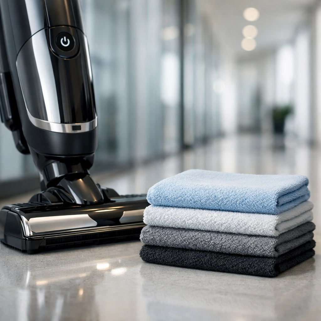 Professional cleaning equipment and microfiber cloths in a modern Chicago office hallway.