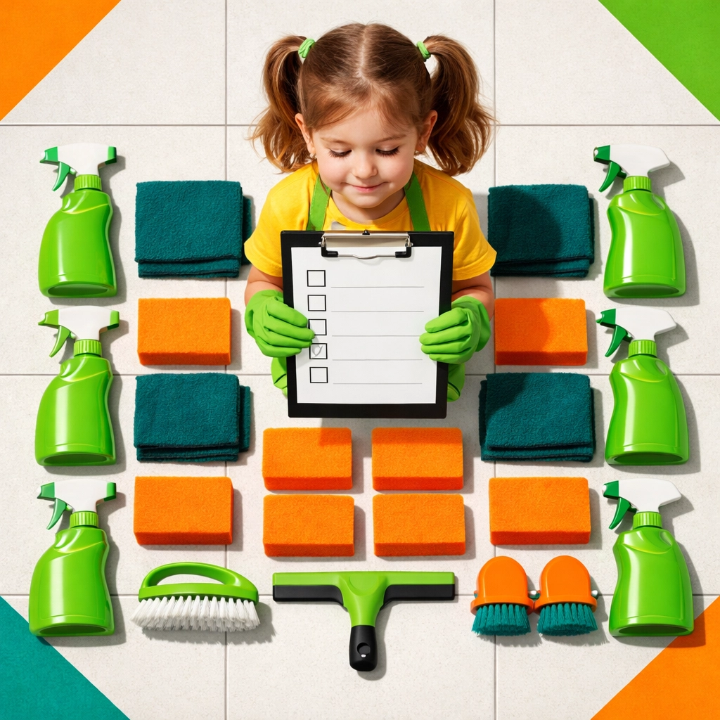 A girl organizing cleaning supplies like a manager, demonstrating how chores teach leadership skills to children.