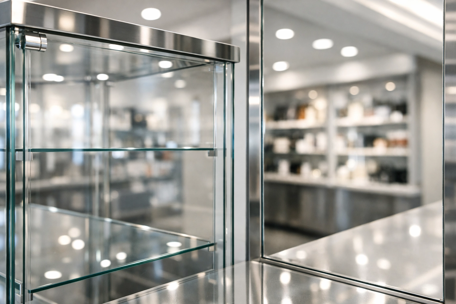 Spotless glass display cases in a Worcester shop showcasing quality retail cleaning Worcester services.