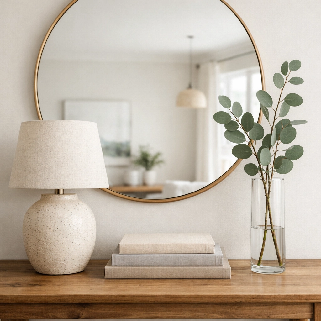 Modern console table styled with a round mirror, ceramic lamp, and greenery for an aesthetic entryway glow-up.