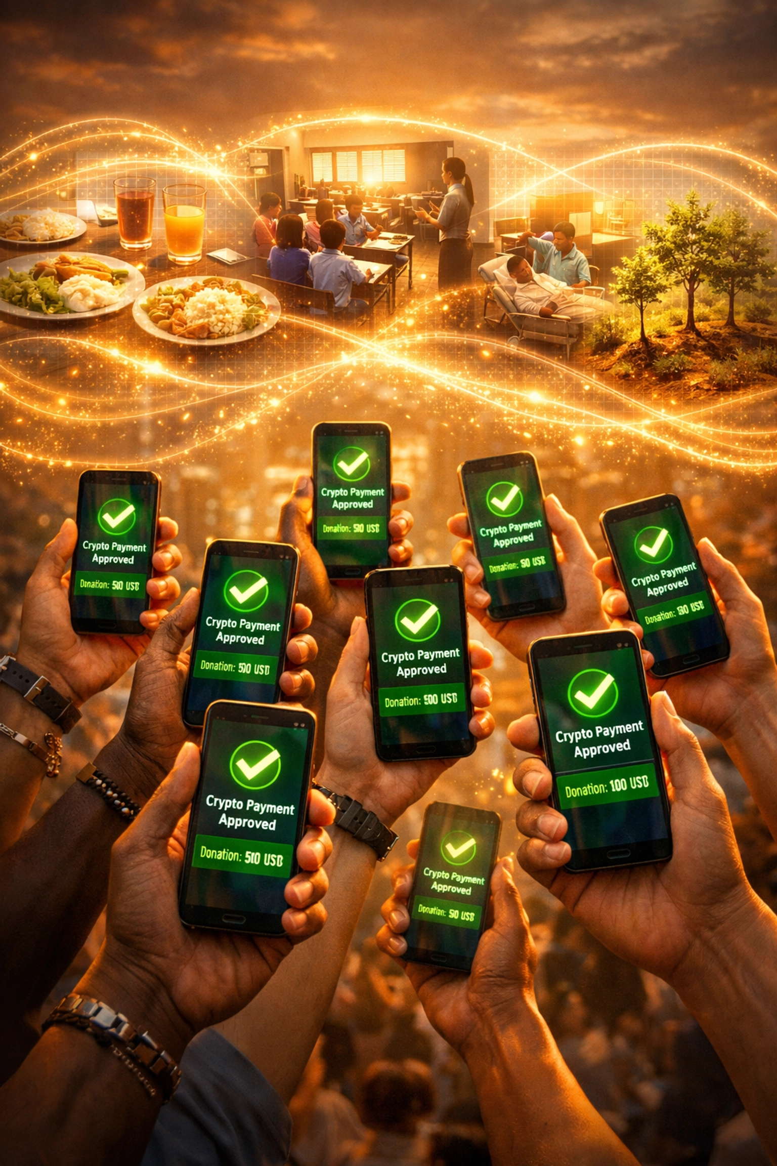 Diverse people using crypto payments creating global social impact through smartphones