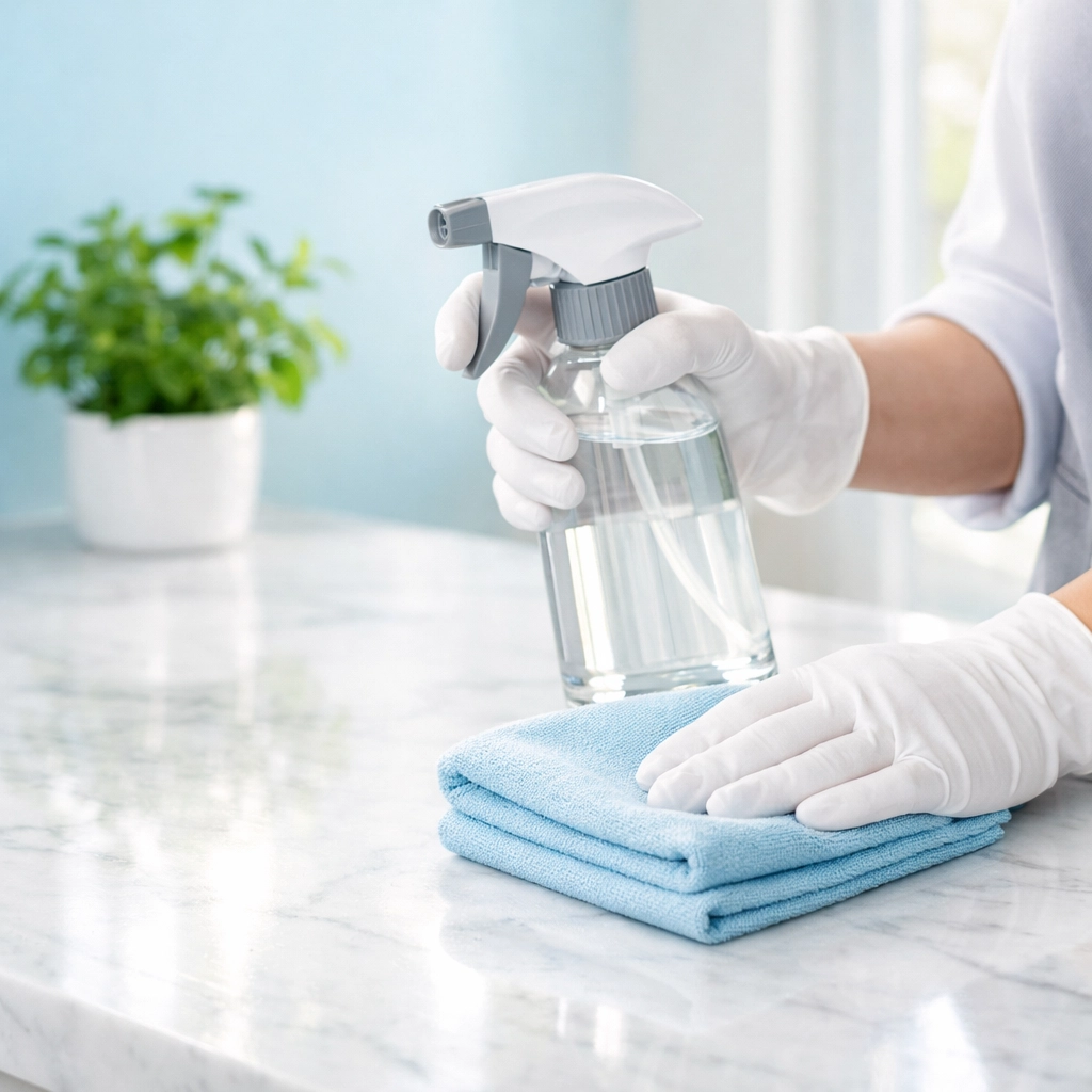 Professional cleaner sanitizing a bright kitchen island for a Cedar Falls maid service.